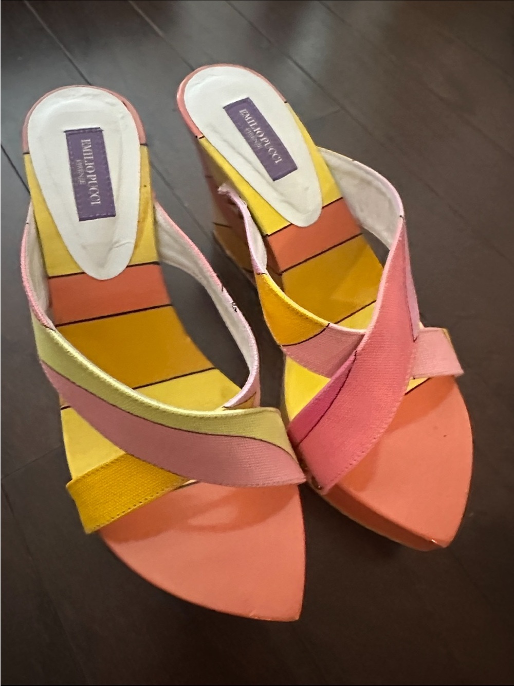 Emilio Pucci Pink, Yellow & Orange Crisscross Mules